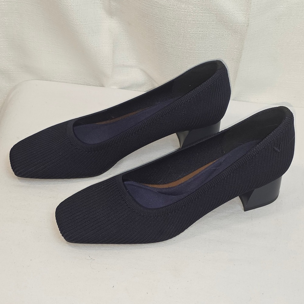Vivaia Margot Navy Blue Ribbed Knit Square Toe Block Heel Pumps Size 38